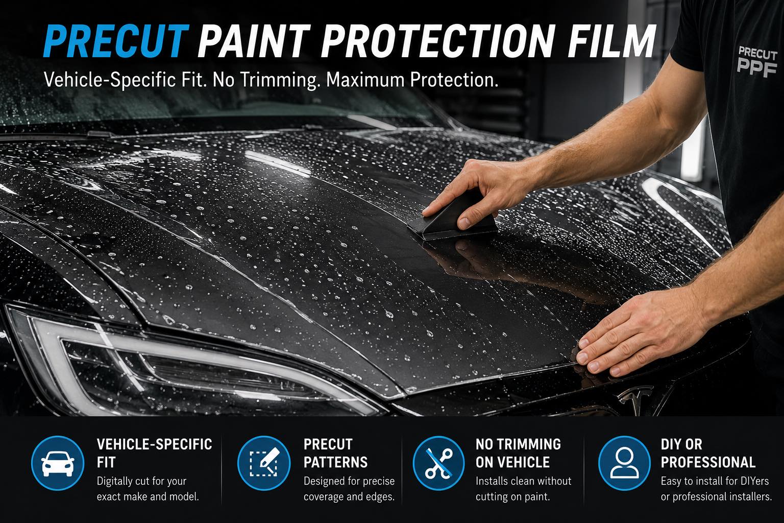 Installer applying a precut paint protection film hood kit to a black vehicle using a vehicle-specific PPF pattern.
